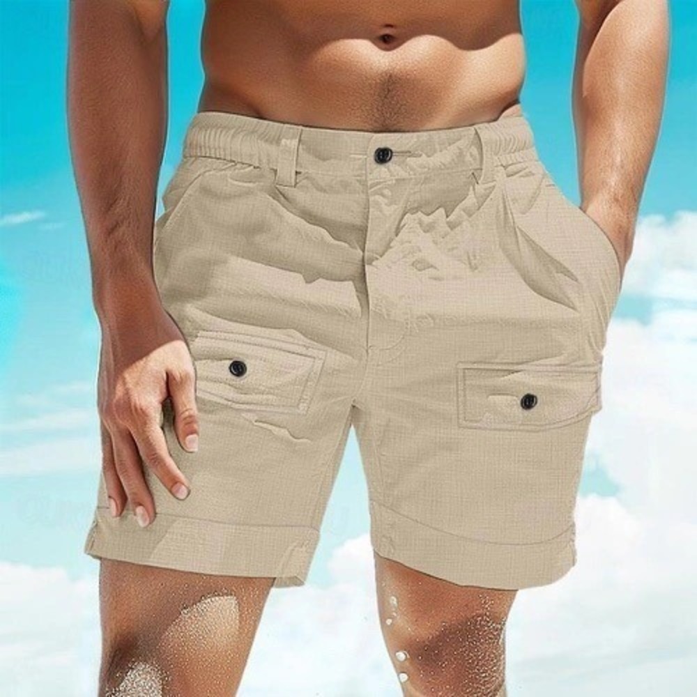Ouku Mens Khaki Cotton Linen Blend Cargo Shorts Elastic Waist Size L New resort